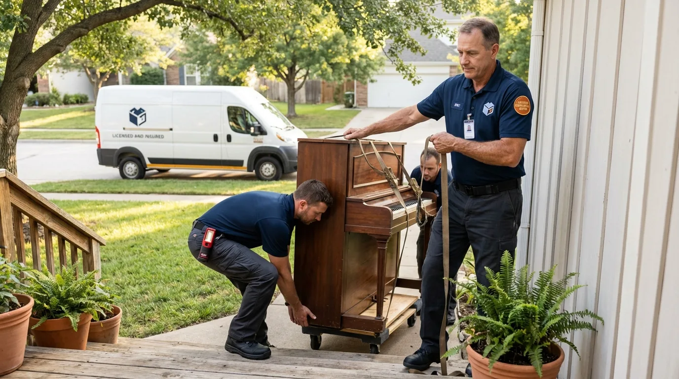 Licensed piano movers securing grand piano in Levelland, TX
