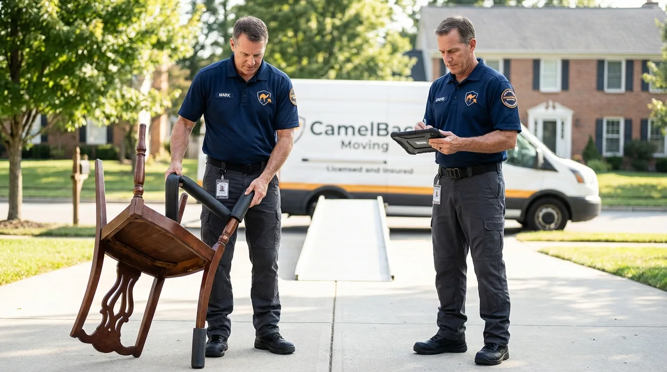 Movers inspecting furniture for damage prevention before loading in Levelland, TX
