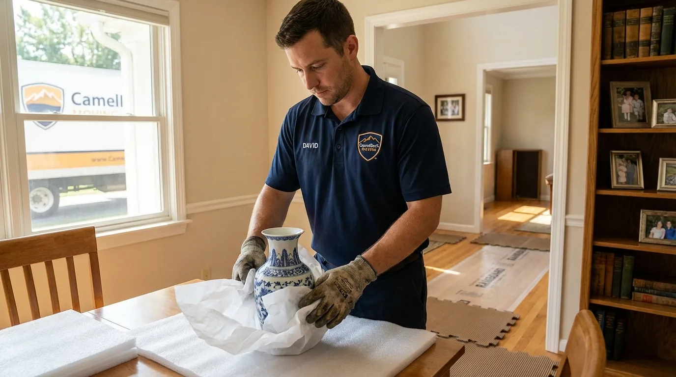 Professional crew carefully wrapping antique vase for senior downsizing move in Levelland, TX